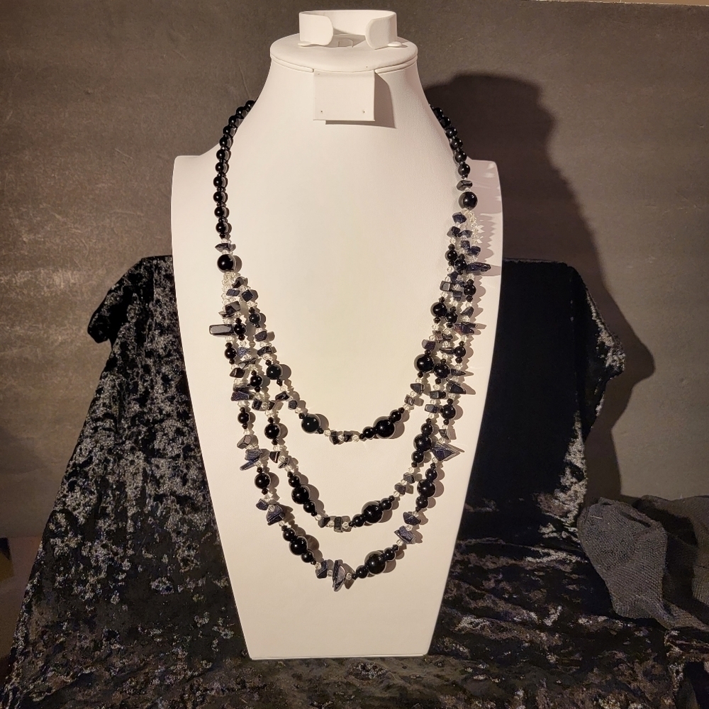 Triple Strand Black Glass Bead, Clear Bead and Black Stone Necklace - Picture 3 of 10